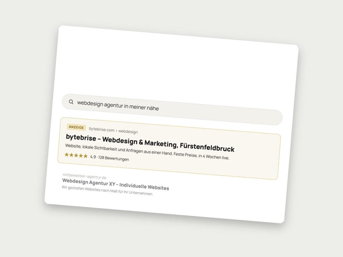 Google-Trefferseite als Bildschirmansicht: eine als Anzeige gekennzeichnete Fundstelle über dem gewöhnlichen Treffer einer anderen Agentur