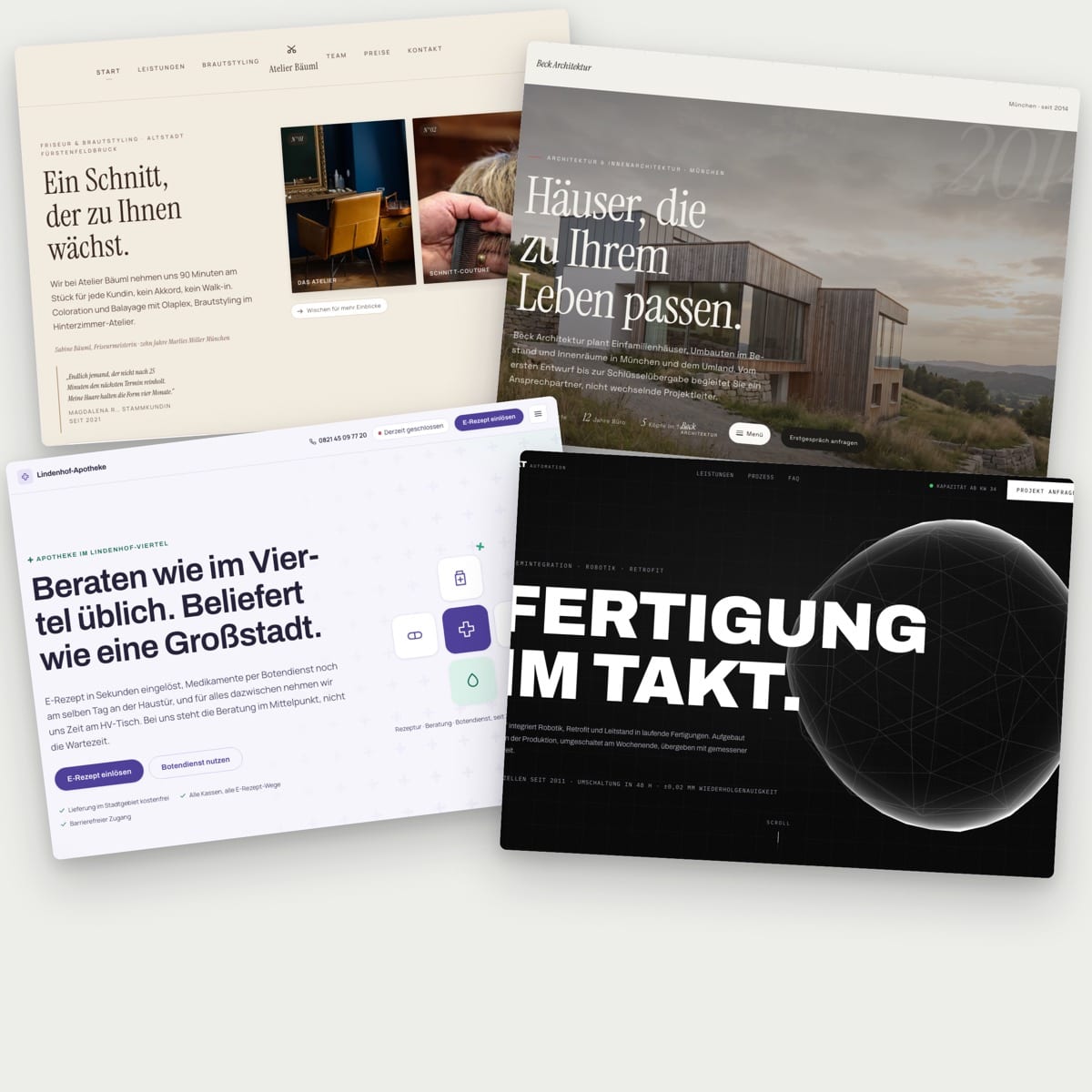 Vier Website-Entwürfe im Vergleich: Friseursalon, Architekturbüro, Apotheke und Industrieautomation