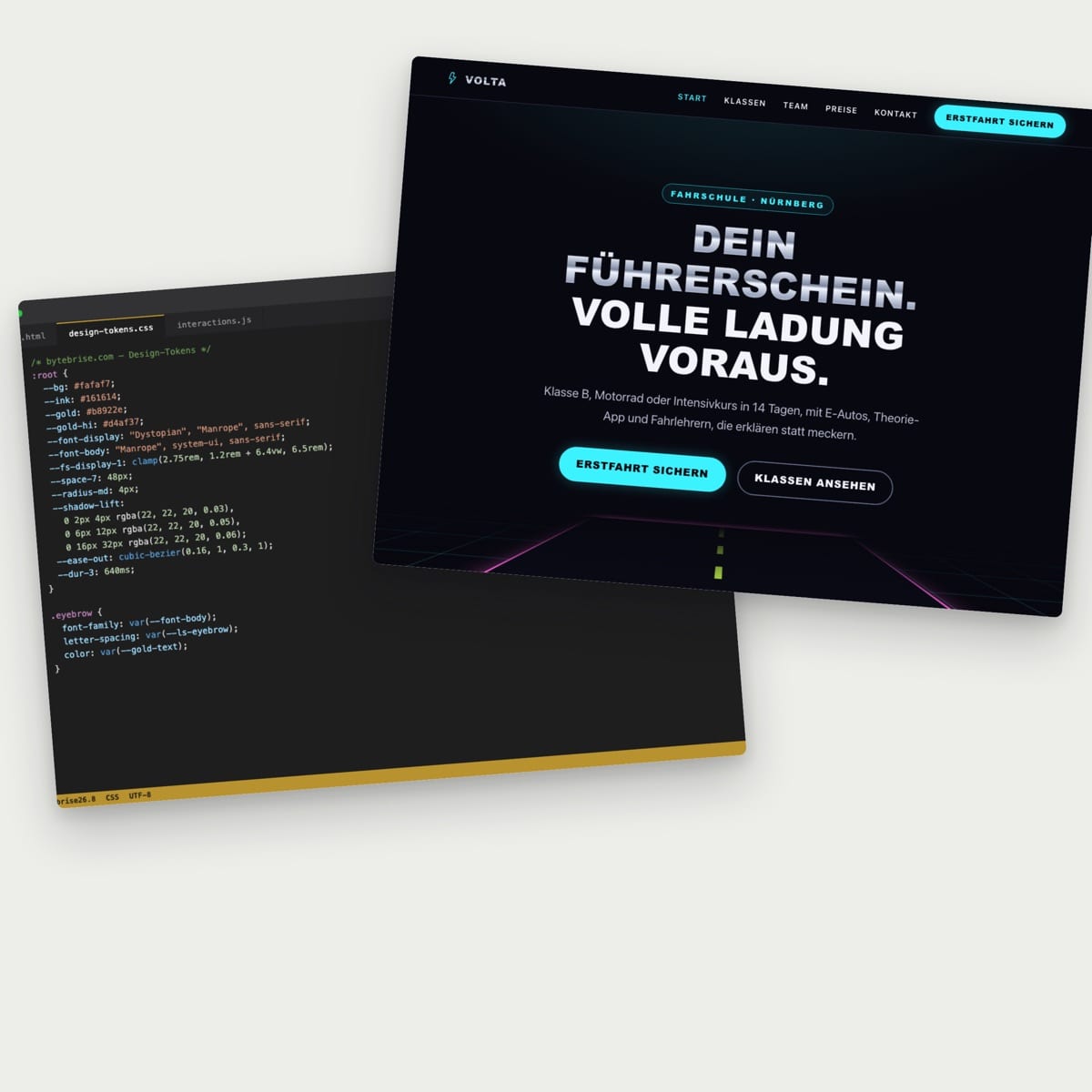 Code-Editor mit CSS-Design-Tokens neben der fertigen Website einer Fahrschule