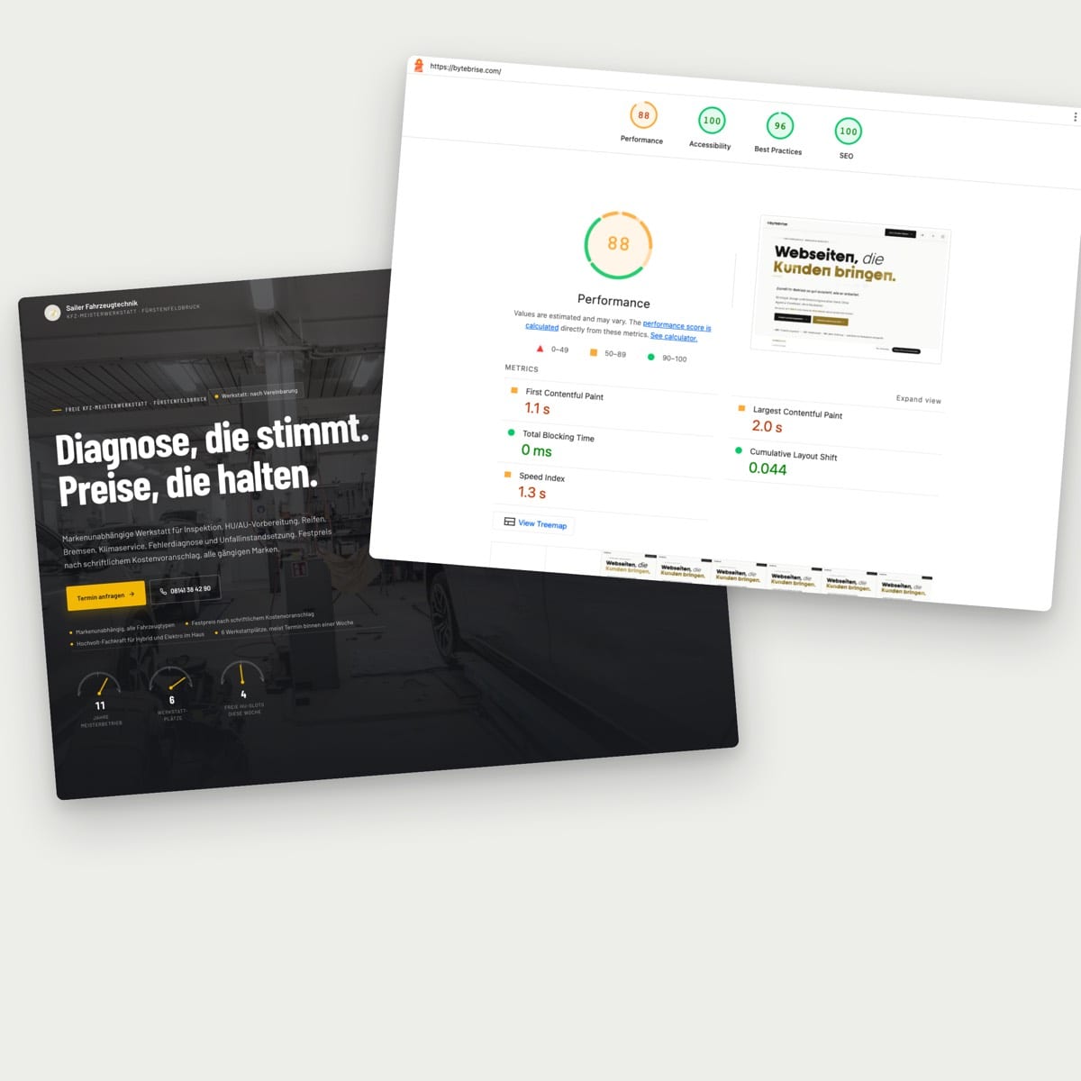 Lighthouse-Bericht mit Bewertungen von 88 bis 100 neben der Website einer Kfz-Werkstatt