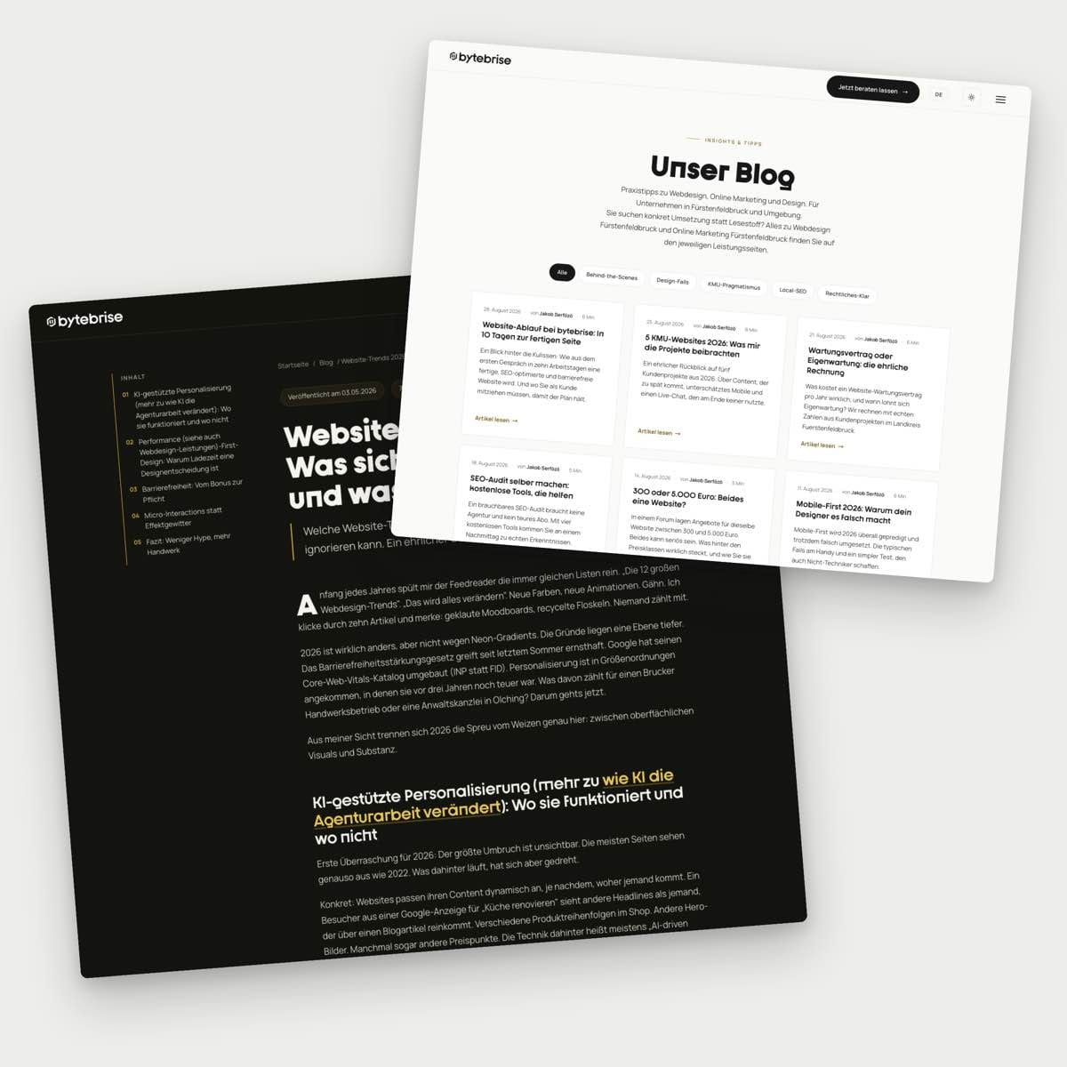 Übersicht mehrerer Blogartikel-Karten und ein geöffneter Beitrag zu Website-Trends 2026