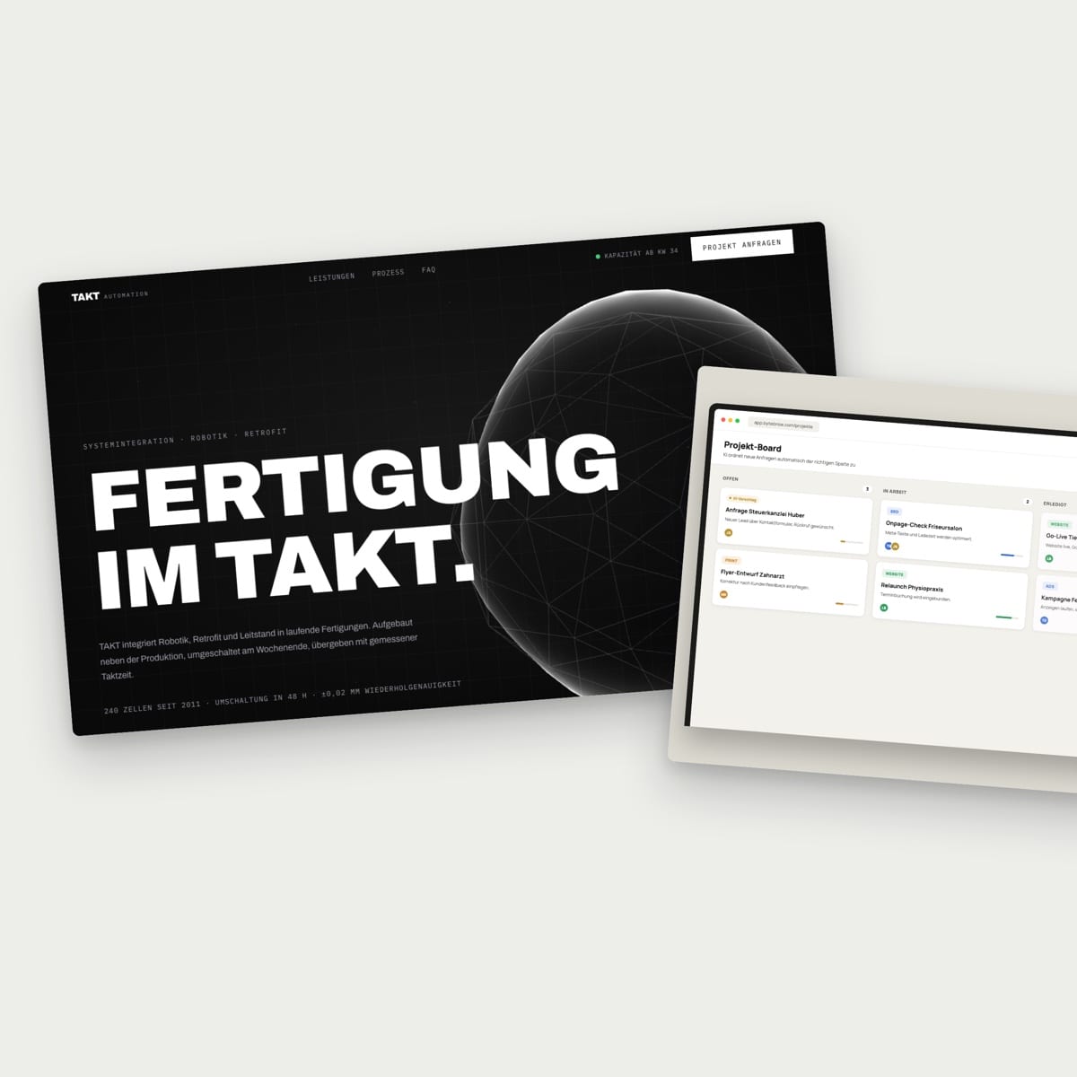Website eines Automatisierungs-Unternehmens neben einem Kanban-Projektboard