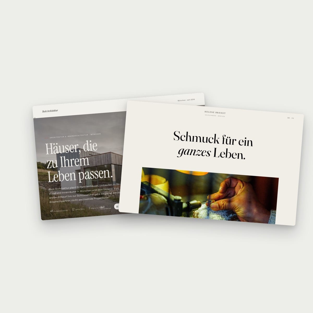 Websites eines Architekturbüros und einer Goldschmiede nebeneinander